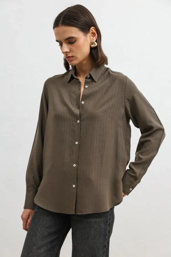 Antioch Khaki 100% Lyocell Striped Women's Shirt