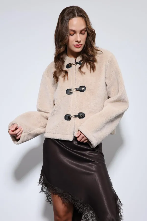 Antioch Beige Faux Fur Jacket with Decorative Buttons