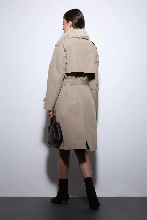 Antioch Bej Suni Kürklü Yaka Kadın Trençkot