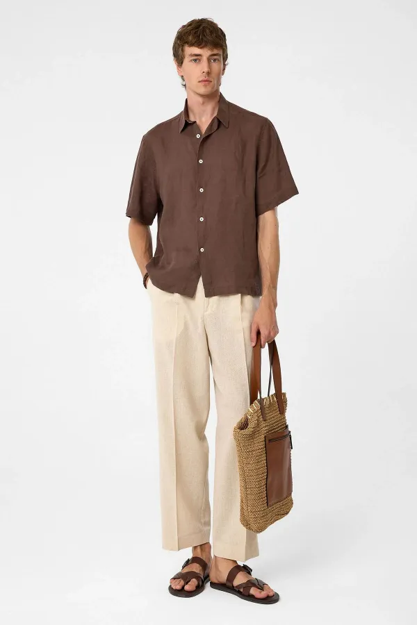 Antioch Kahve 100% Keten Relaxed Erkek Gömlek