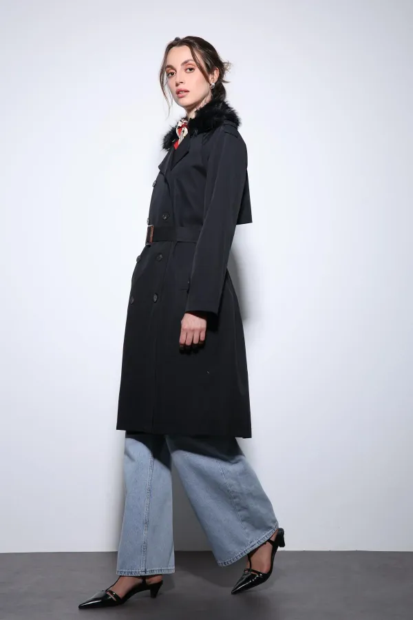 Trench-coat Antioch noir à col en fausse fourrure pour femme