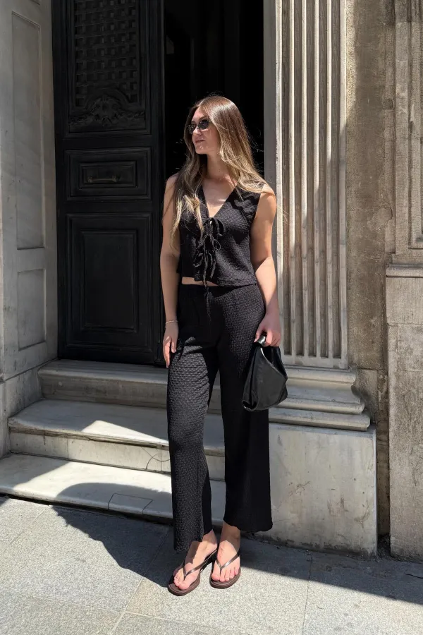 Antioch Black Textured Women's Suit with Tie Detail