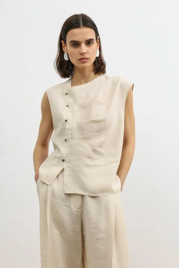 Antioch Taş Lyocell Karışımlı Düğmeli Kadın Top