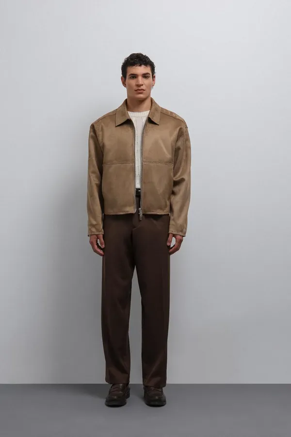 Antioch Bej Fermuarlı Suni Süet Erkek Mont