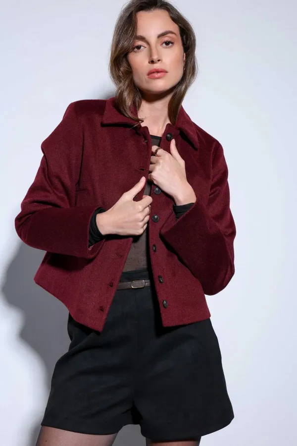 Antioch Burgundy Shirt Collar Short Cashmere Jacket