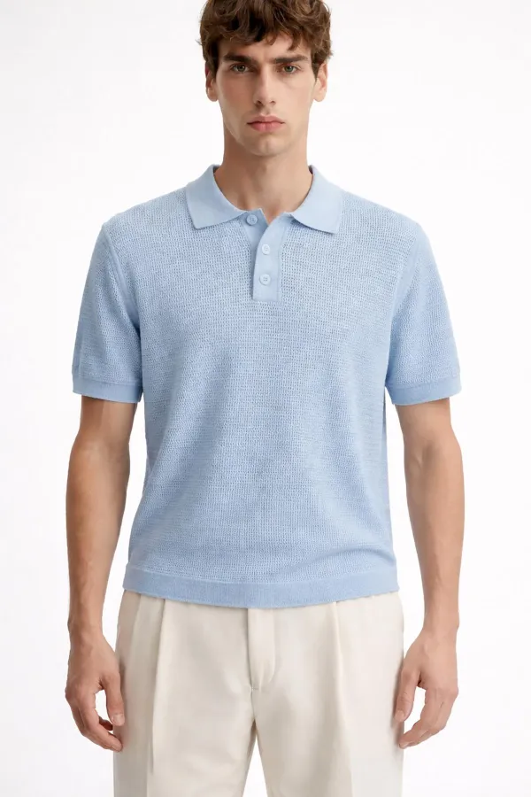 T-shirt homme à col polo texturé en maille bleue Antioch