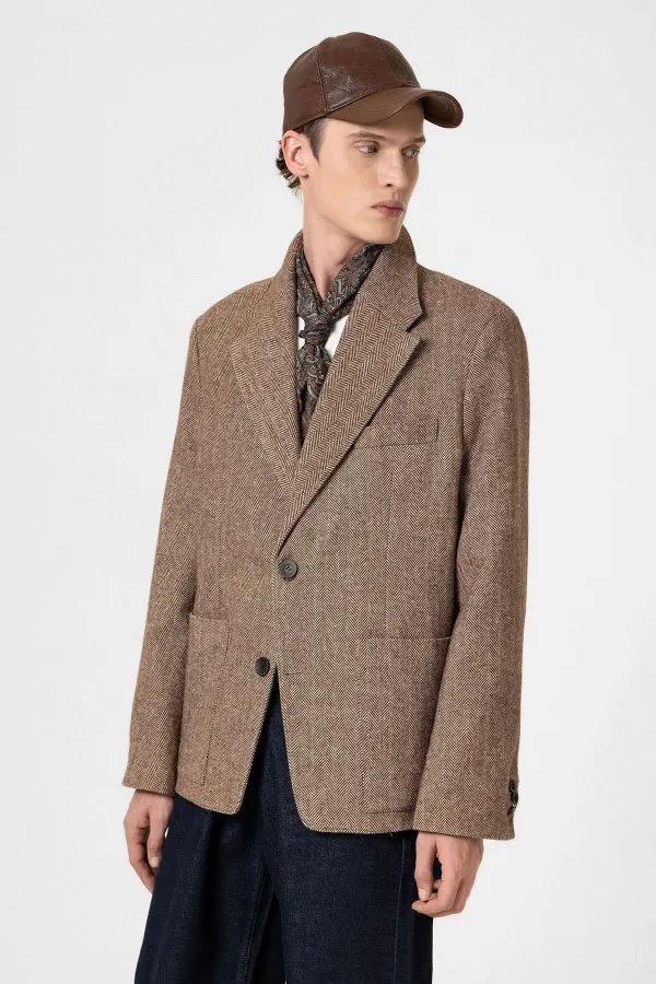 Antioch Kahve Balıksırtı Desenli Oversize Erkek Blazer Ceket