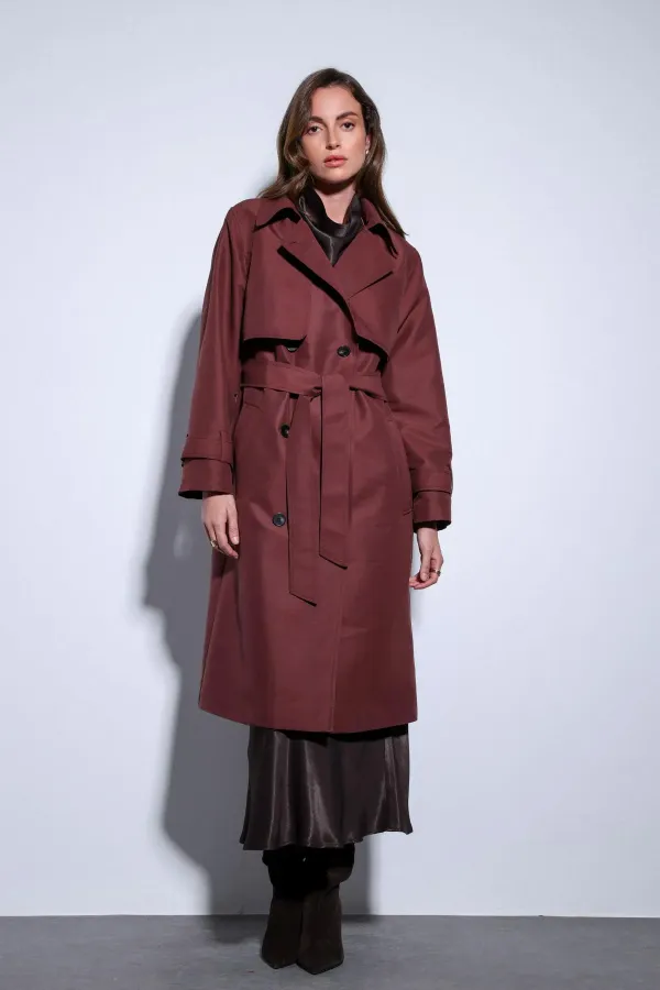 Trench-coat Antioch bordeaux à double boutonnage et ceinture pour femme