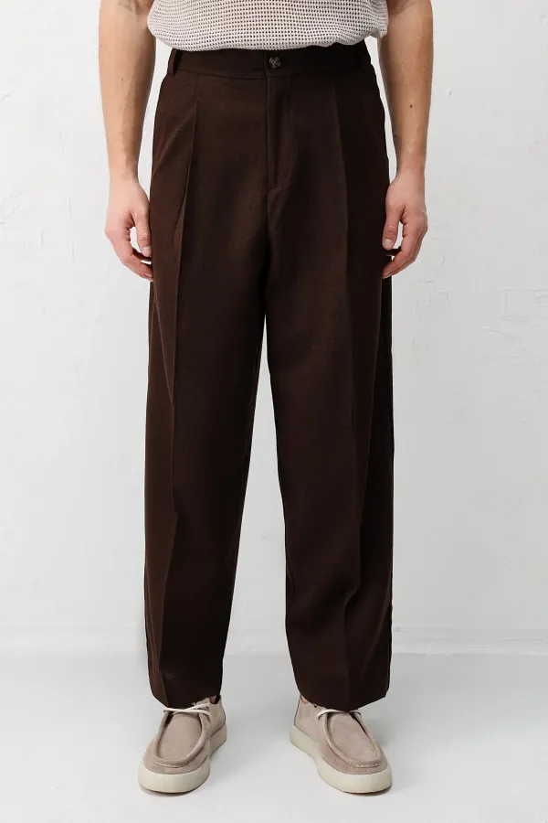 Antioch Koyu Kahve Yüksek Bel Pileli Relax Fit Erkek Pantolon