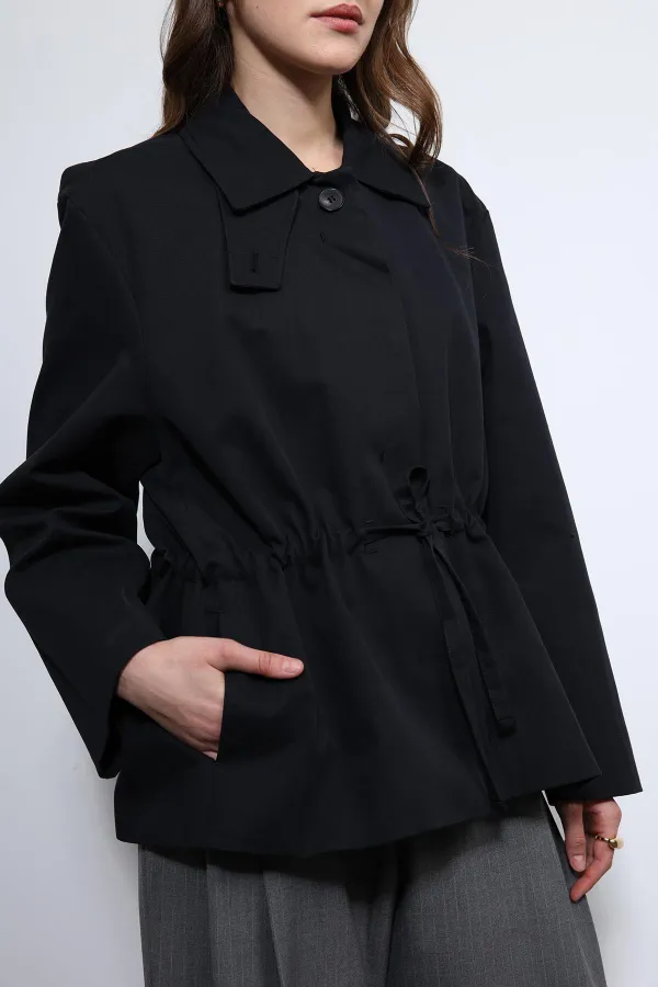 Antioch Siyah Ayarlanabilir Bele Sahip Kısa Trençkot