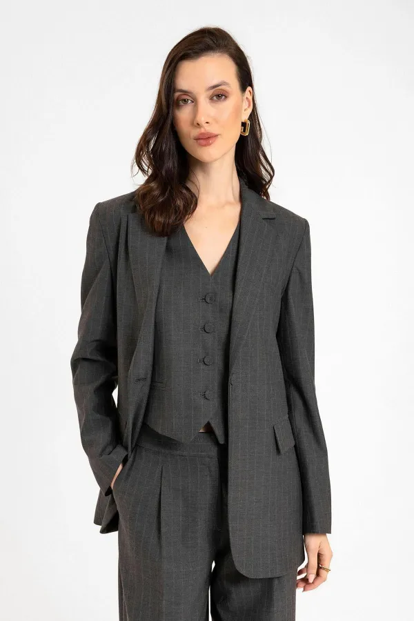 Antioch Anthracite Women's Single Button Striped Blazer Jacket