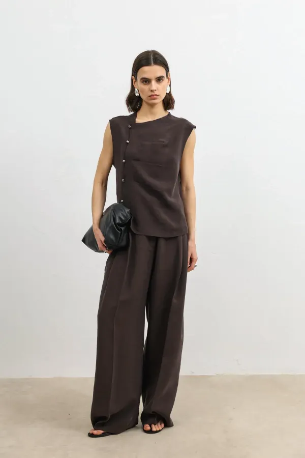 Pantalon large pour femme Antioch en mélange de lyocell marron foncé