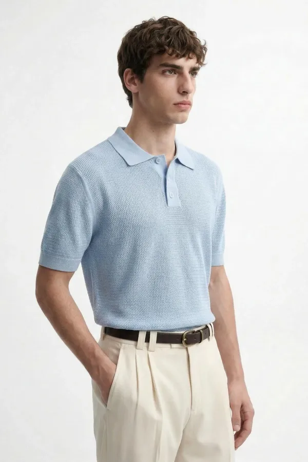 T-shirt homme à col polo texturé en maille bleue Antioch