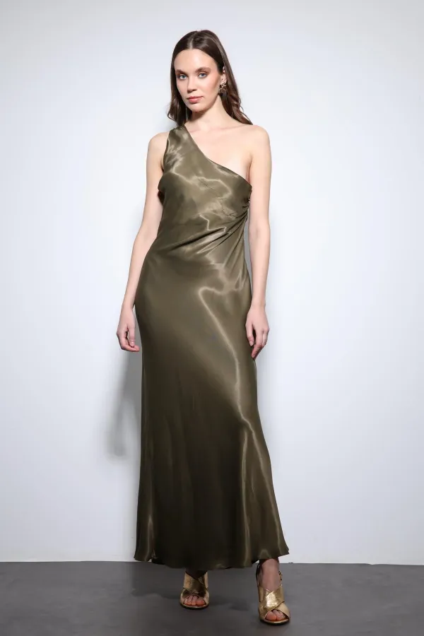 Antioch Haki Asimetrik Yaka Saten Uzun Elbise