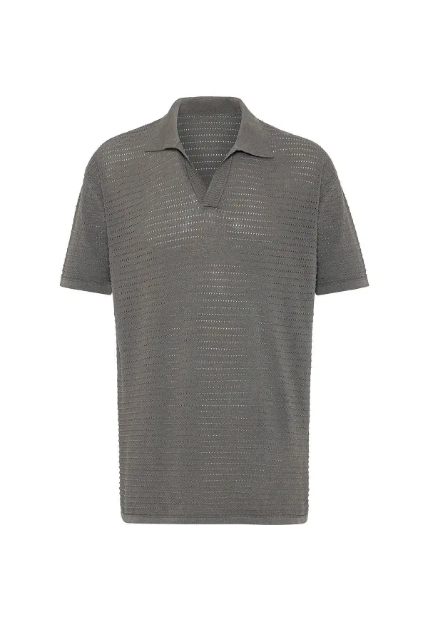 Antioch Grey Polo Collar Textured Men's Knit T-Shirt