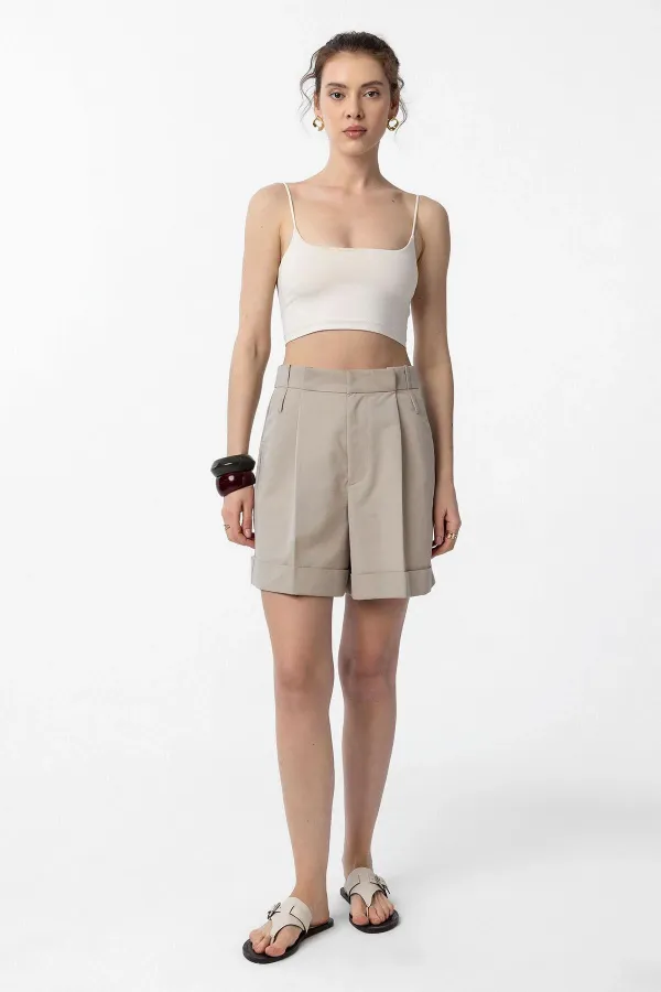 Antioch Bej Yüksek Bel Pensli  Kadın Bermuda Şort