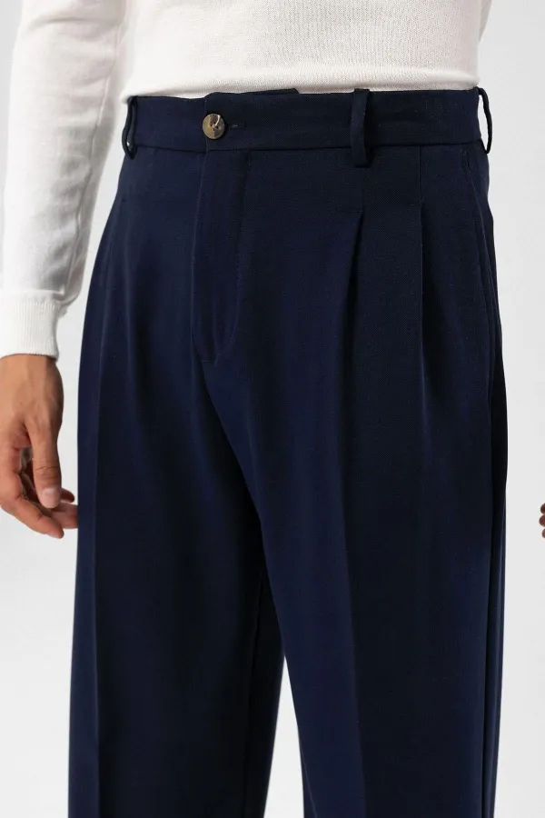 Pantalon homme Antioch bleu marine foncé, taille haute, plissé, coupe décontractée