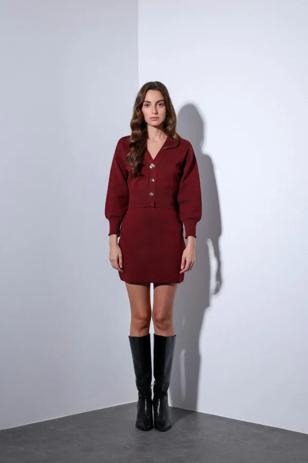 Antioch Bordo Metal Düğme Kadın Triko Hırka