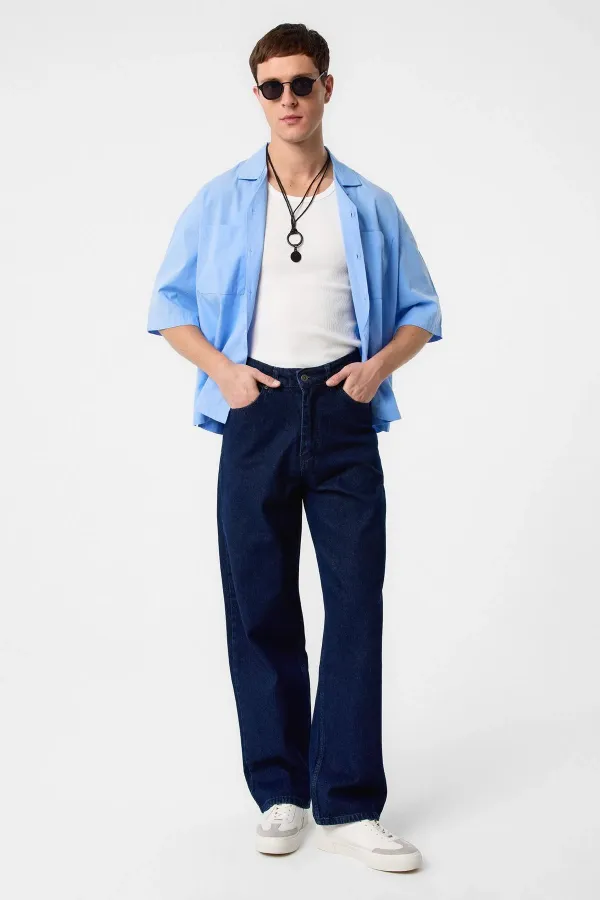 Jean Antioch bleu marine foncé, taille haute, coupe décontractée pour homme