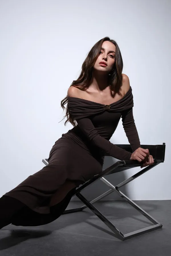 Antioch Coffee Drape Detail Dress with Accessories