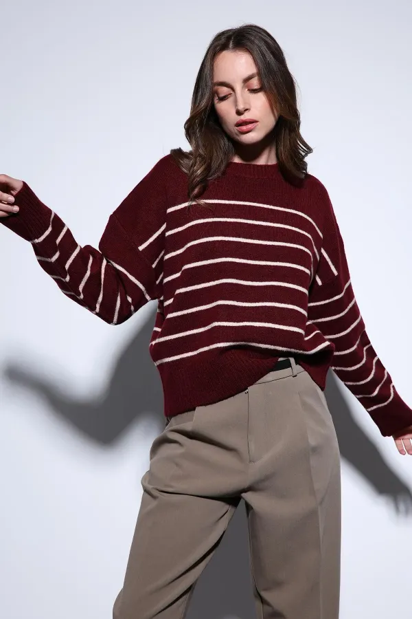 Antioch Bordo Çizgili Triko Kazak