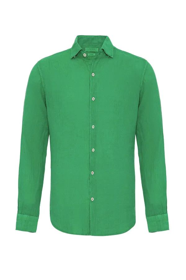 Chemise homme Antioch vert pistache avec bouton au col, 100 % lin