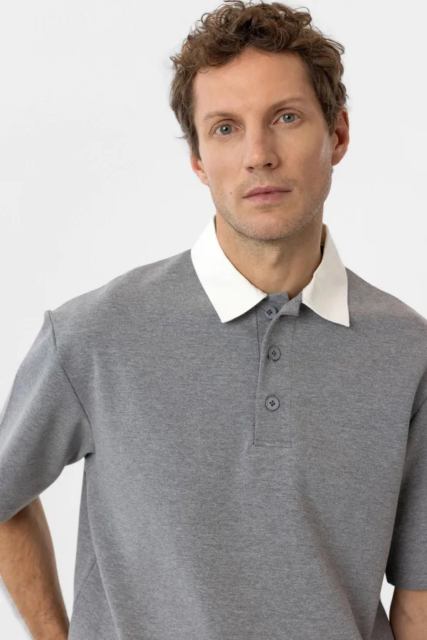 T-shirt homme Antioch gris à col contrastant et texture interlock