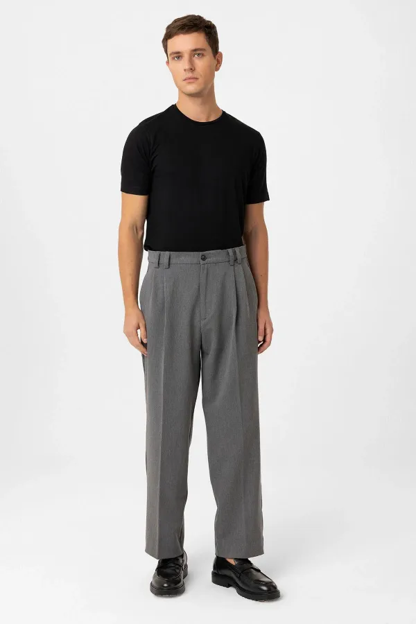 Pantalon homme Antioch gris à taille haute et coupe décontractée, plissé