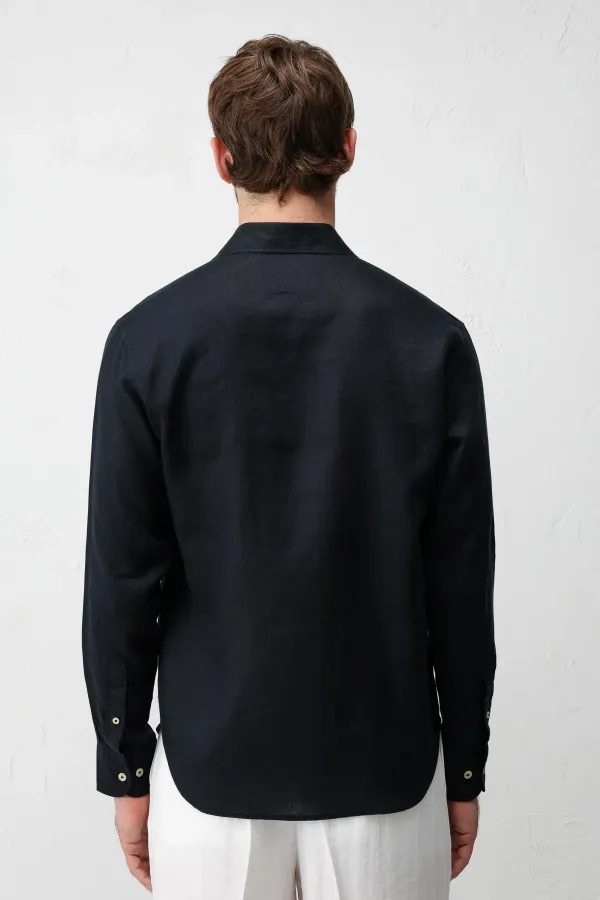 Antioch Siyah 100% Keten Relax Fit Erkek Gömlek