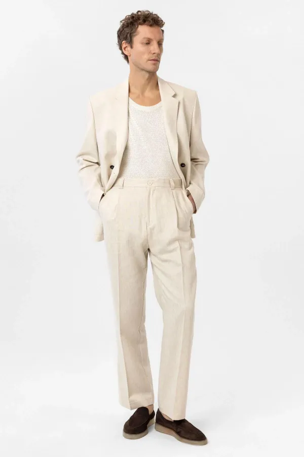 Pantalon homme Antioch écru taille haute en lin mélangé