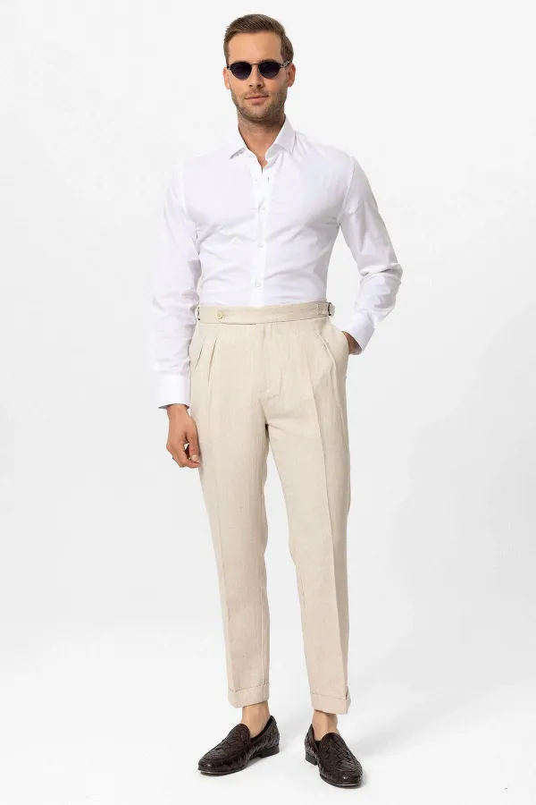 Pantalon homme Antioch Stone taille haute en lin mélangé à double ourlet