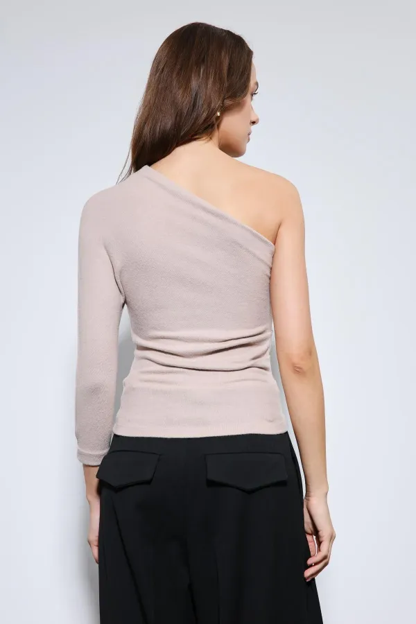 Antioch Beige Asymmetric Collar Top