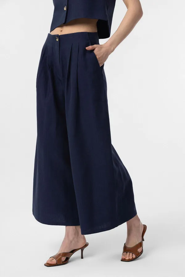 Pantalon culotte Antioch bleu marine en lin mélangé pour femme