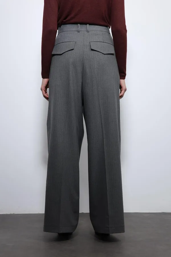 Antioch Gri Çizgili Geniş Paça Pantolon