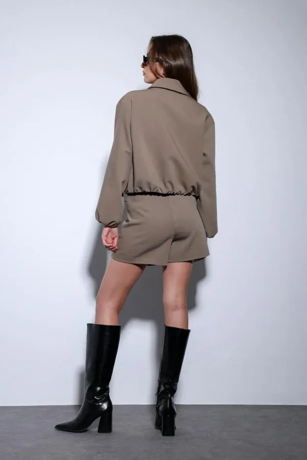 Antioch Khaki Pleated Short Skirt with Chain Detail