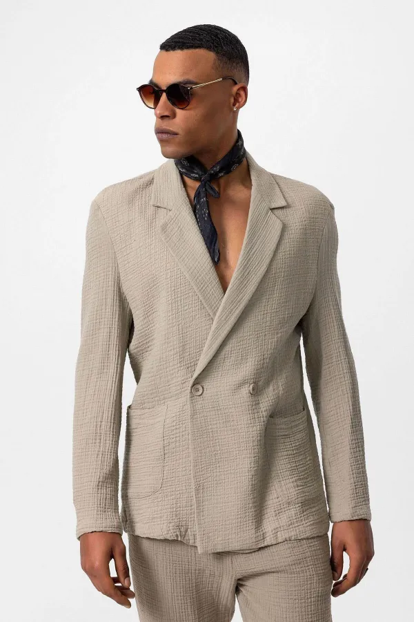 Antioch Beige Double-Breasted Unlined Men's Blazer Jacket