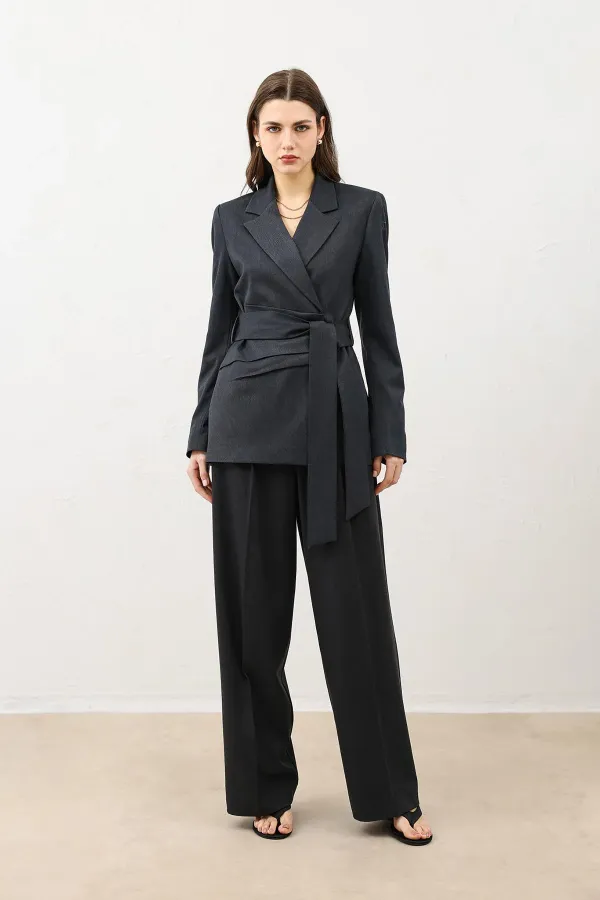 Antioch Füme Vücuda Oturan Kuşaklı Kadın Blazer Ceket