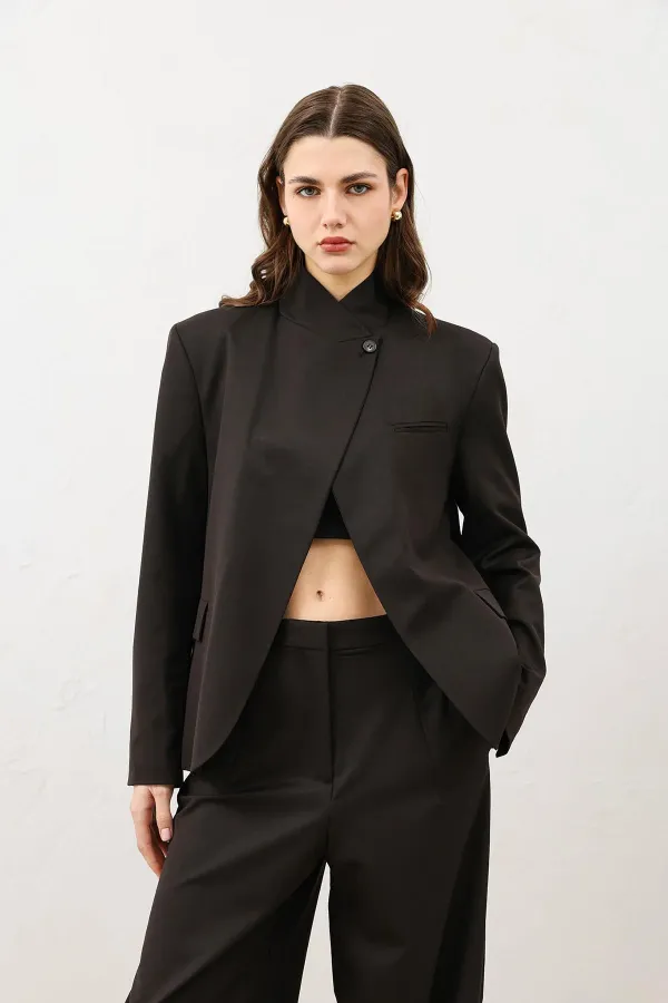 Antioch Kahve Dik Yaka Kadın Blazer Ceket