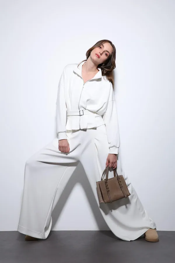 Antioch Ekru Bel Kemerli Geniş Paça Pantolonlu Takım