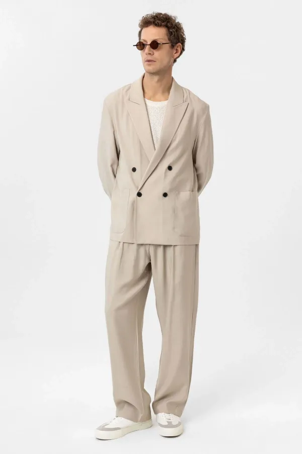 Antioch Bej Relax Fit Diagonel İnce Erkek Blazer Ceket