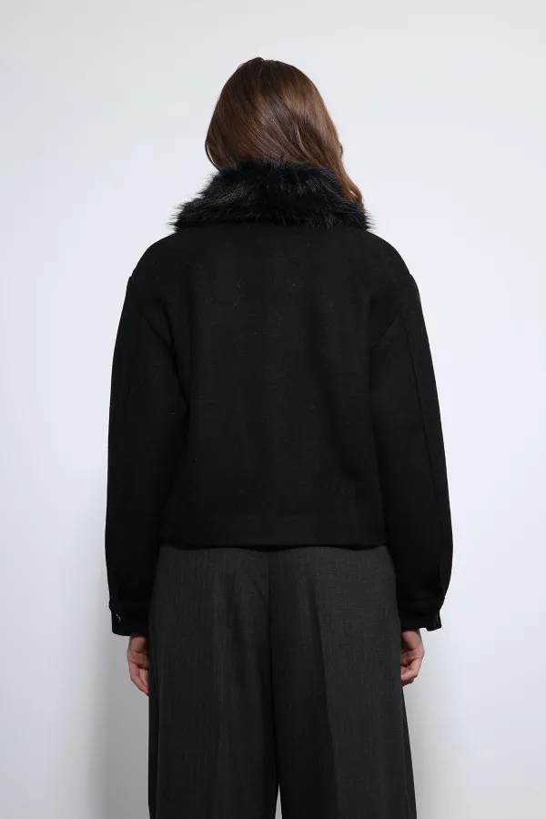 Veste Antioch noire en laine mélangée à col en fausse fourrure