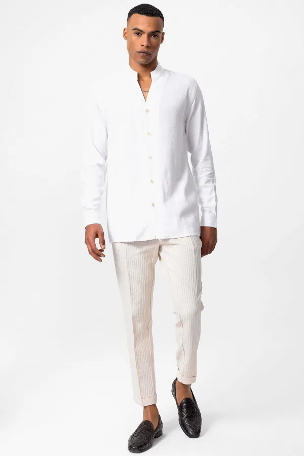 Antioch White Mandarin Collar Long-Sleeved Men's Shirt