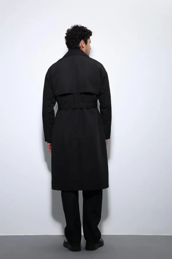 Trench-coat Antioch noir à double boutonnage avec ceinture