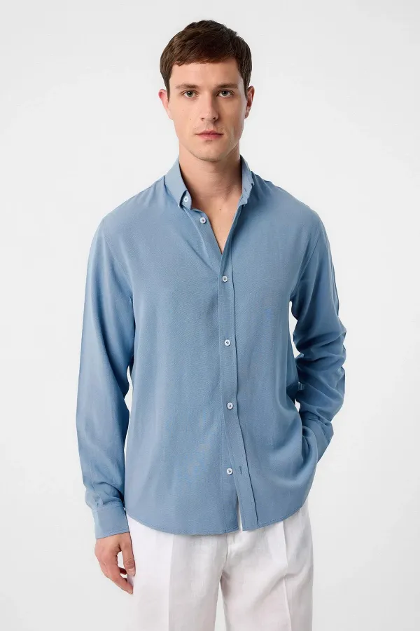 Chemise homme Antioch en lin mélangé bleu à col boutonné