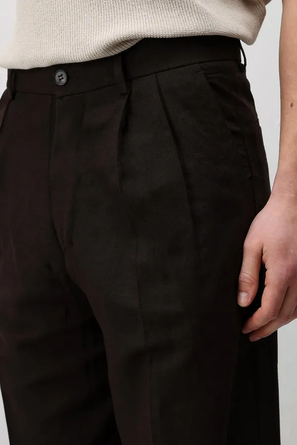 Antioch Koyu Kahve Keten Karışımlı Erkek Baggy Pantolon