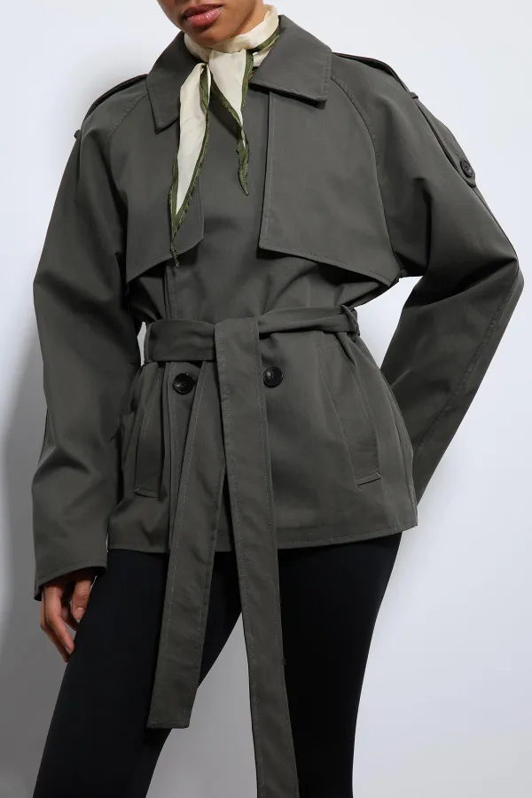 Antioch Haki Kemerli Kısa Trençkot
