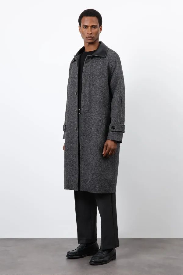 Antioch Black Wool Blend Contrast Collar Men's Coat