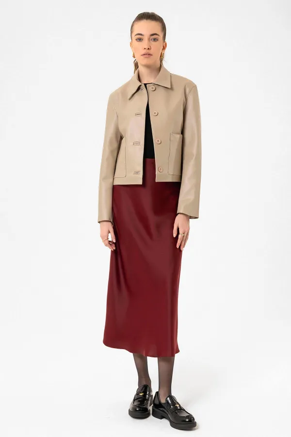 Antioch Bej Kadın Polo Yaka Suni Deri Ceket