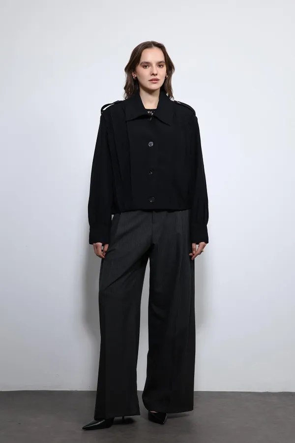 Antioch Black Pleated Detail Stand Collar Coat