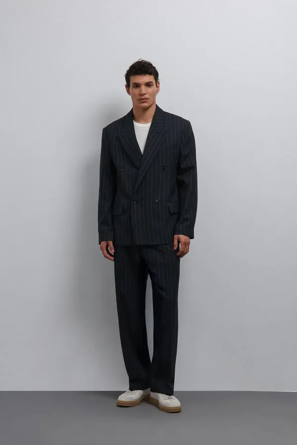 Antioch Lacivert Relax Fit Çizgili Erkek Pantolon